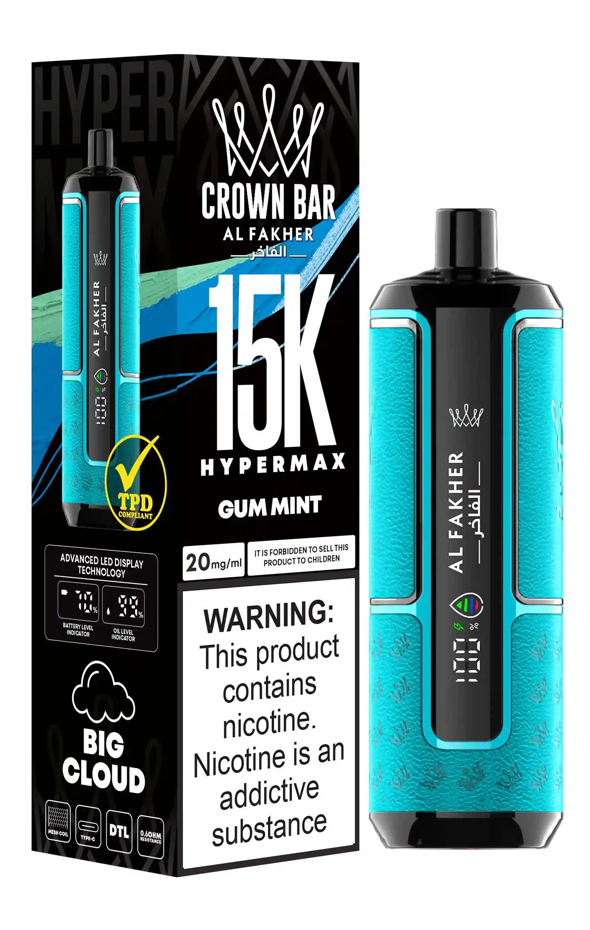 Al Fakher Crown Bar 15k Hypermax Vape Box of 10 with Gum Mint flavour