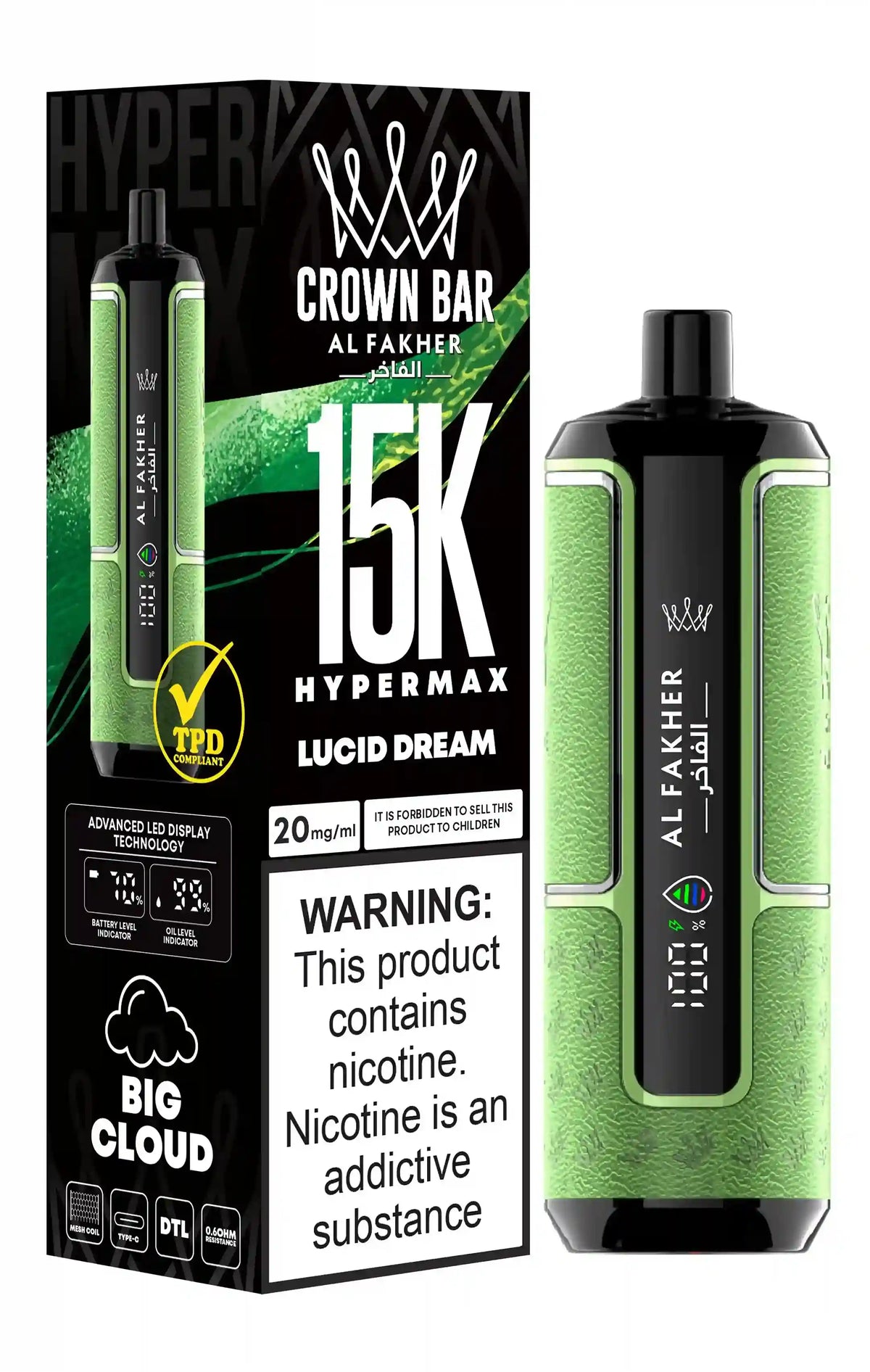 Al Fakher Crown Bar 15k Hypermax Vape Box of 10 with Lucid Dream 1 flavour