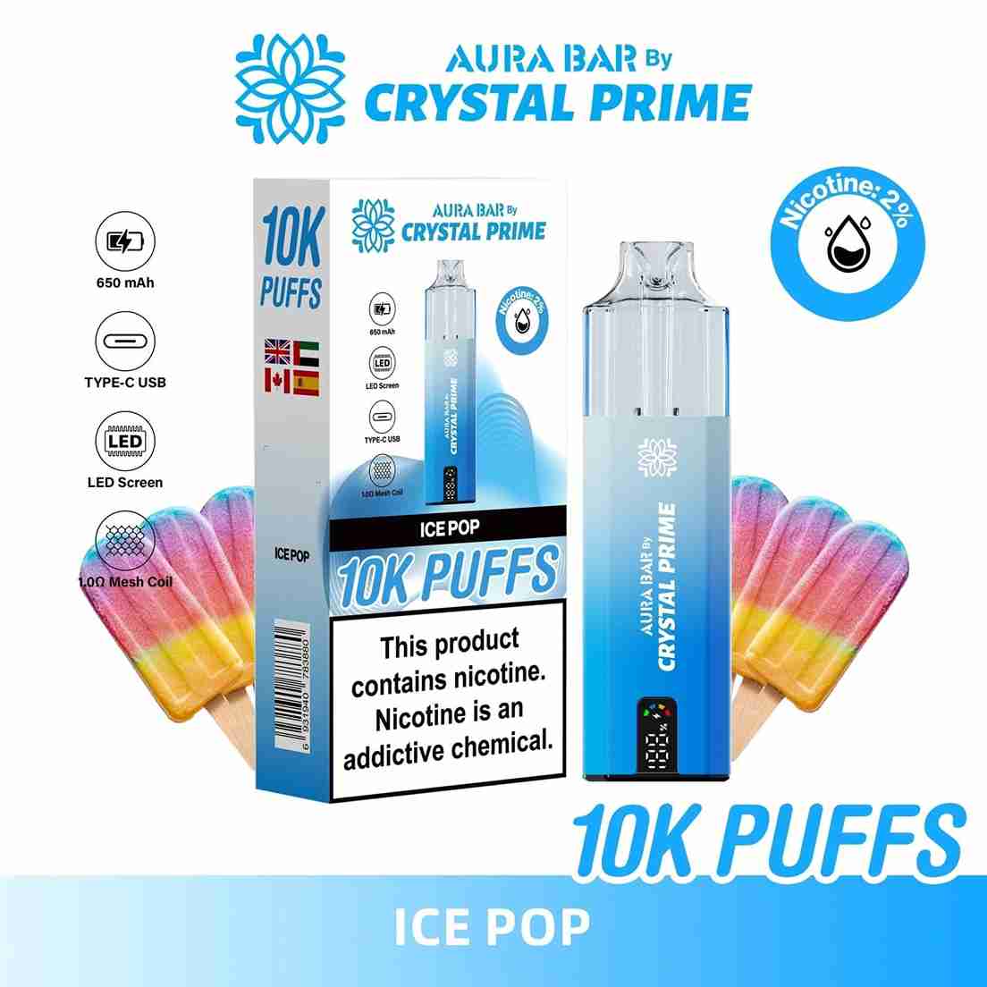 Crystal Prime Aura Bar 10000 Prefilled Pod Kit - Box of 5