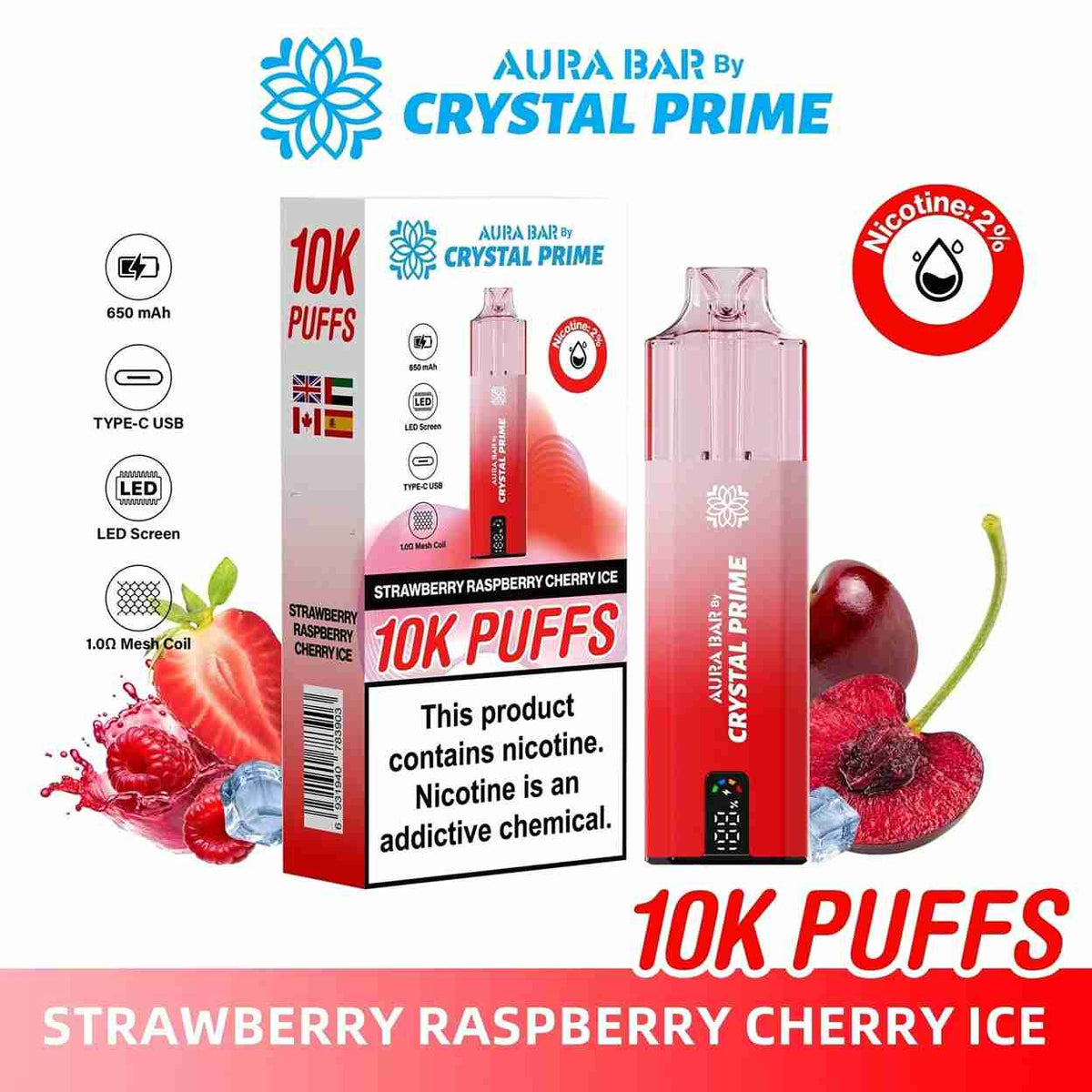 Crystal Prime Aura Bar 10000 Prefilled Pod Kit - Box of 5