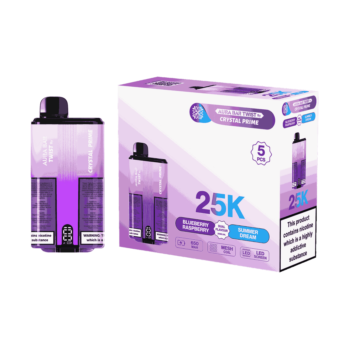 Aura Bar Twist 25000 Puffs by Crystal Prime - Box of 5 with Blueberry Raspberry and Summer Dream flavour