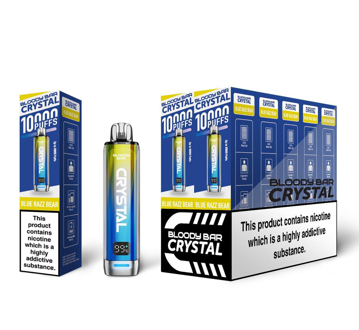 Bloody Crystal 10K Prefilled Pod kit featuring Box of 10 of flavour Blue Razz Bear