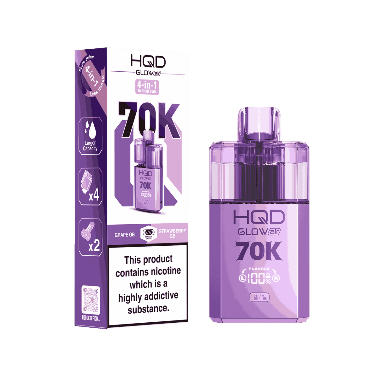 HQD Glow Air 70K Puff Prefilled Pod Vape kit - Box of 5