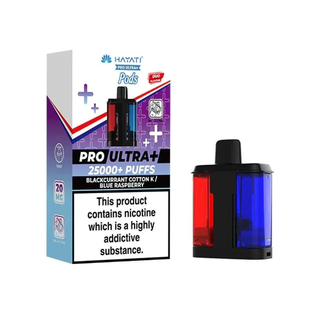 Hayati Pro Ultra Plus 25k Prefilled Pods Box of 5, Blackcurrant Cotton  K, Blue Raspberry Flavour