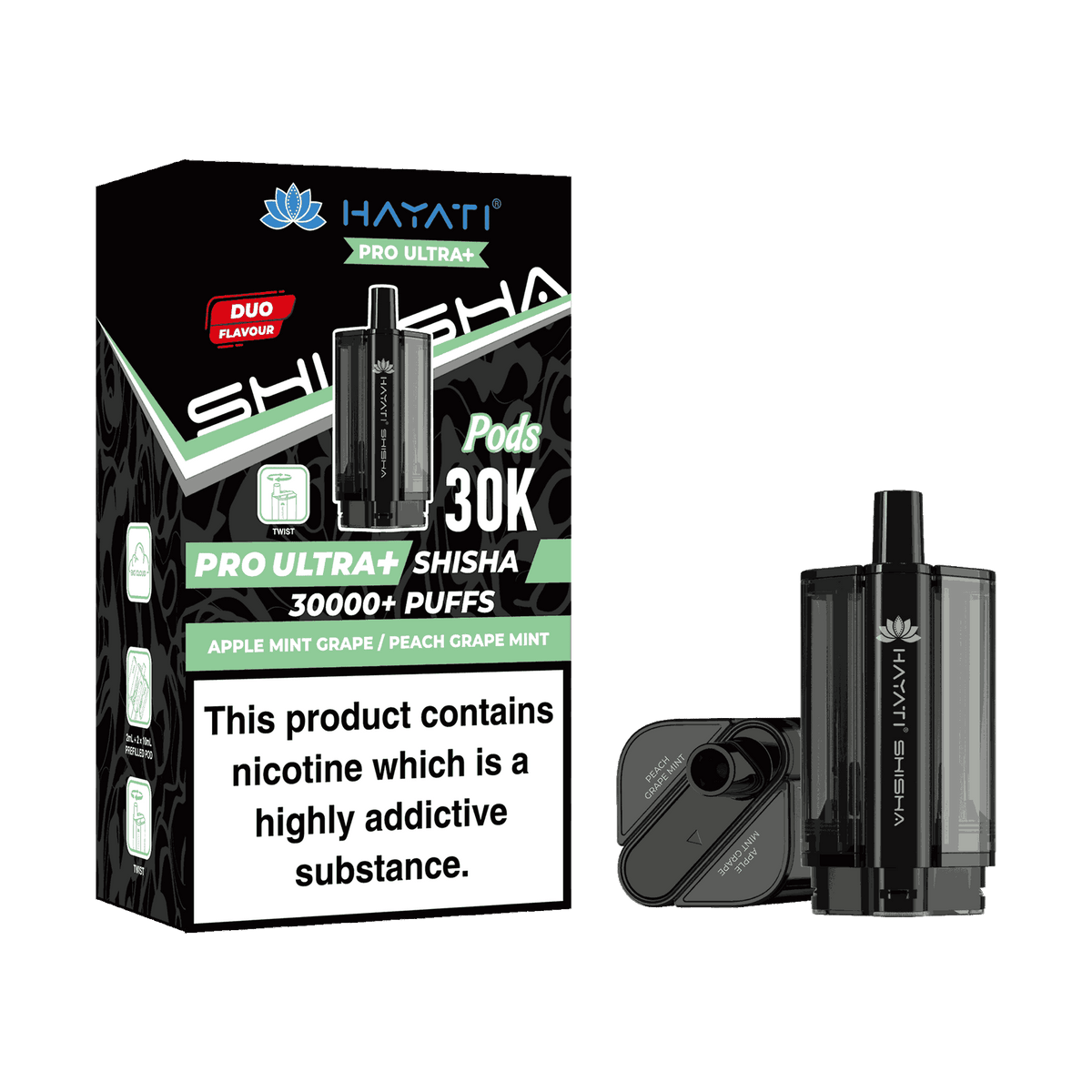 Hayati Pro Ultra Plus Shisha 30k Prefilled Pods Box of 5 - Wholesale Price ! with Apple Mint Grape and Peach Grape Mint flavour