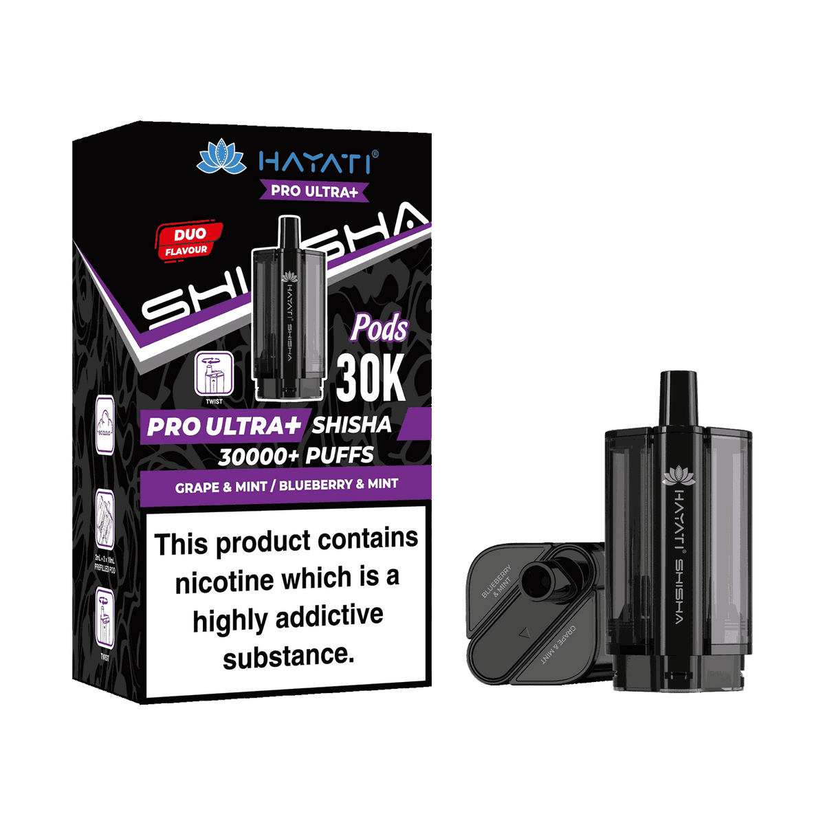 Hayati Pro Ultra Plus Shisha 30k Prefilled Pods Box of 5 - Wholesale Price ! with Grape & Mint and Blueberry Mint