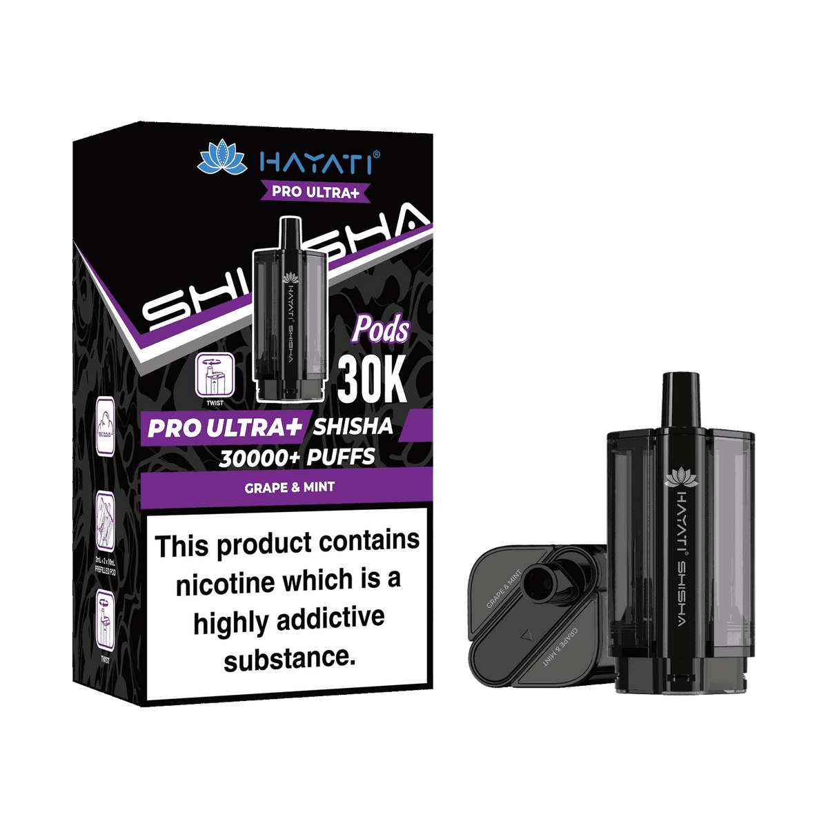 Hayati Pro Ultra Plus Shisha 30k Prefilled Pods Box of 5 - Wholesale Price ! with Grape and Mint flavour