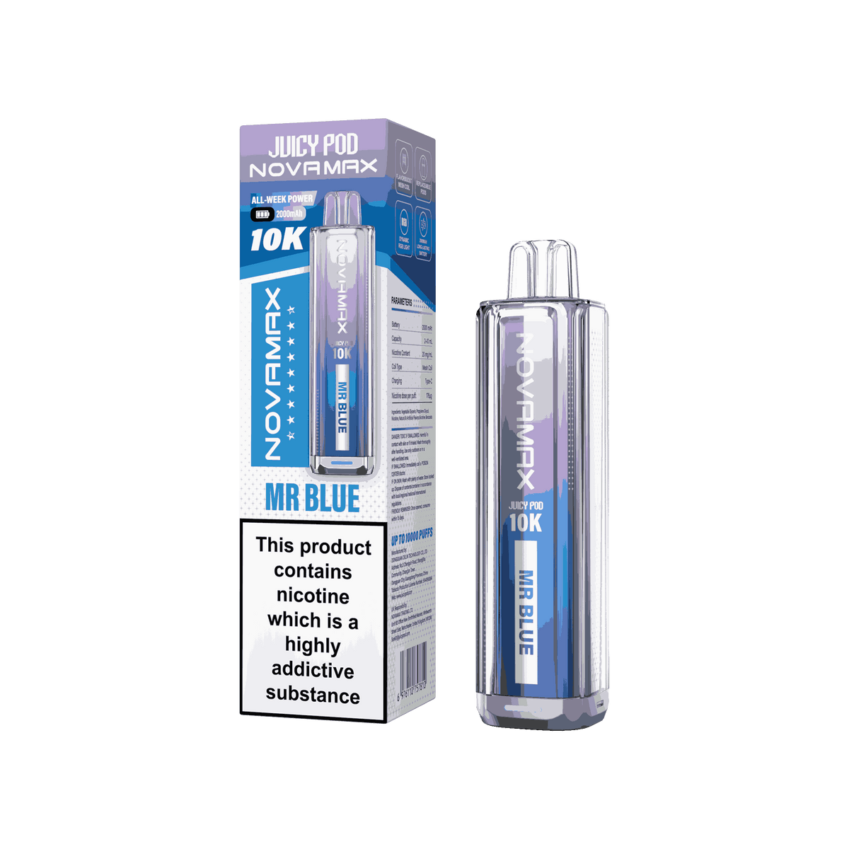 Juicy Pod Novamax 10k Prefilled Pod Vape Kit - Pack of 5 available in Mr Blue Flavour