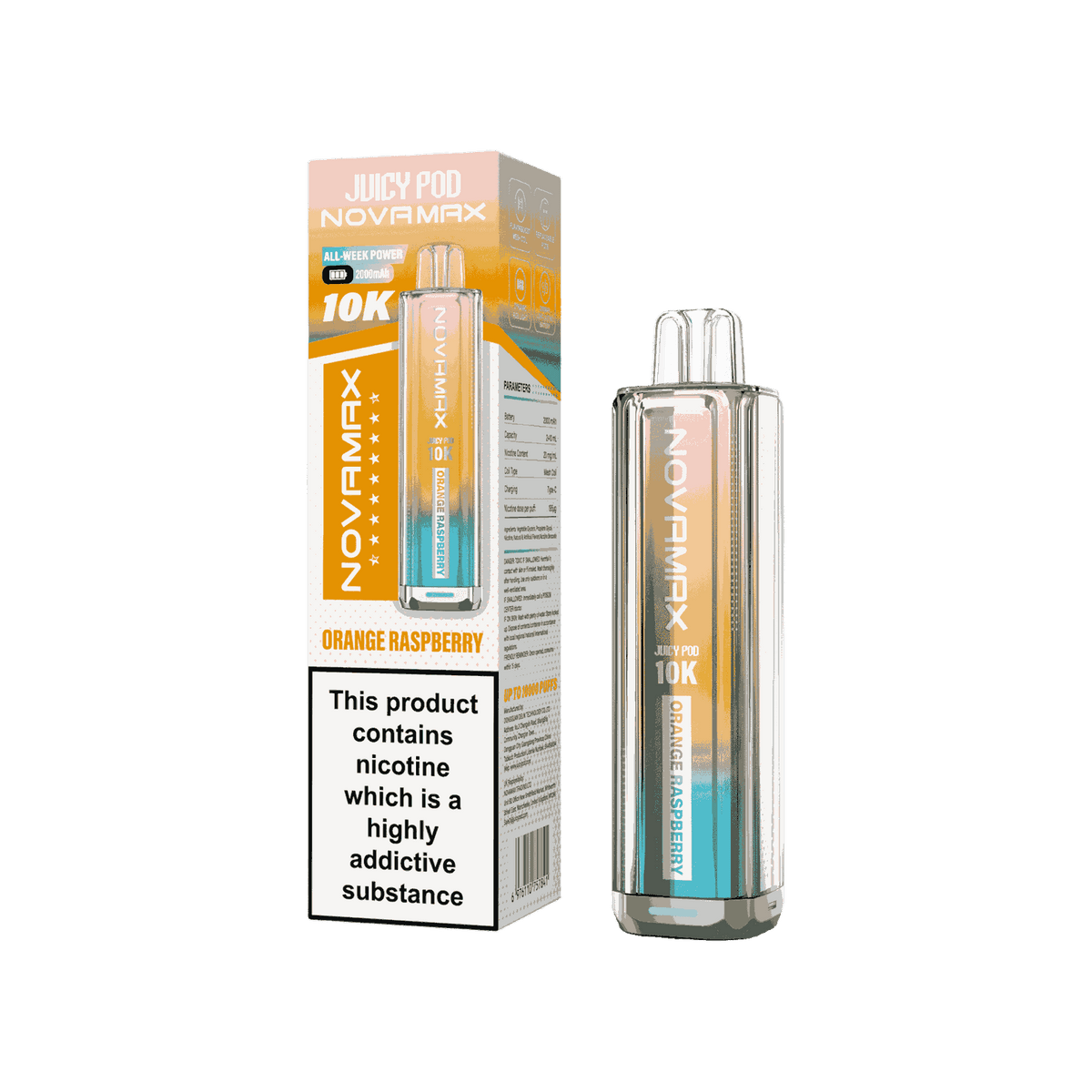Juicy Pod Novamax 10k Prefilled Pod Vape Kit - Pack of 5 available in Orange Raspberry Flavour 