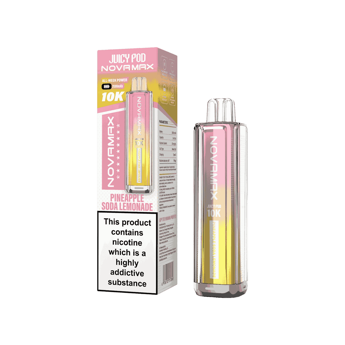 Juicy Pod Novamax 10k Prefilled Pod Vape Kit - Pack of 5 available in Pineapple Soda Lemonade 
