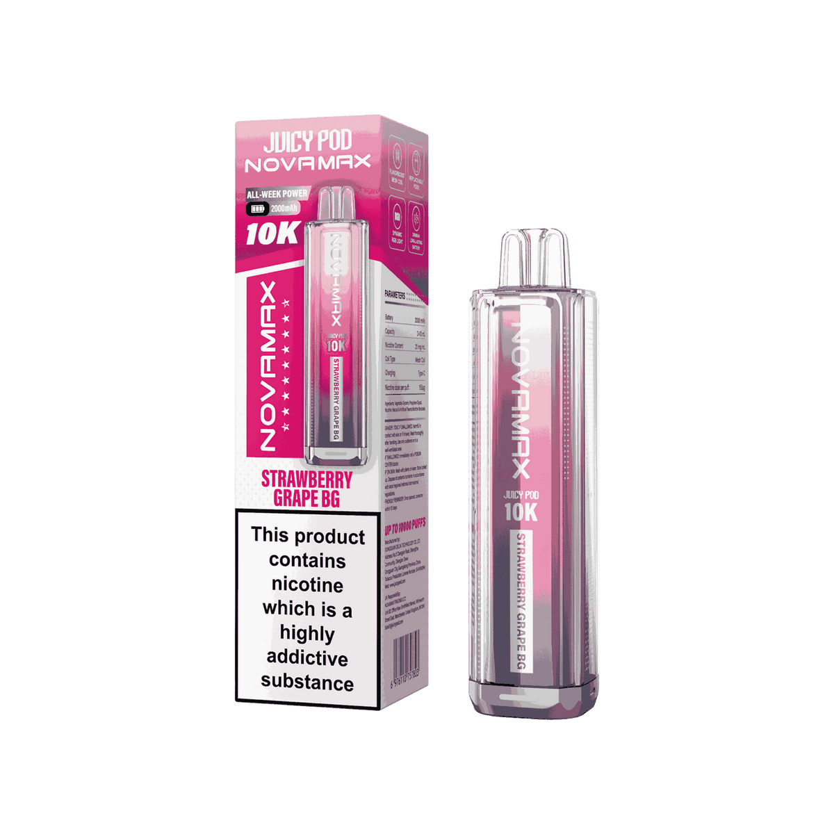 Juicy Pod Novamax 10k Prefilled Pod Vape Kit - Pack of 5 available in Strawberry Grape GB Flavour 