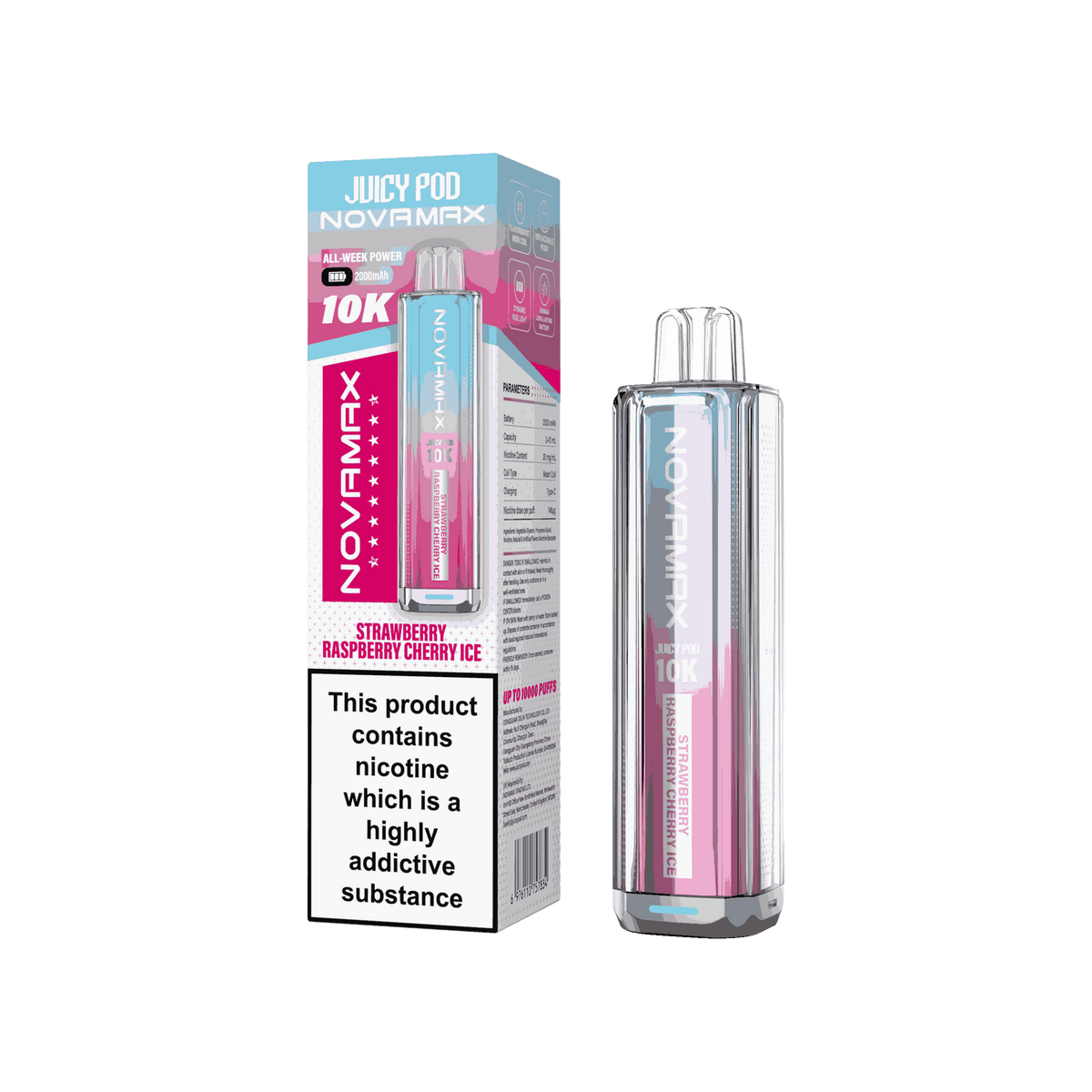 Juicy Pod Novamax 10k Prefilled Pod Vape Kit - Pack of 5 available in Strawberry Raspberry Cherry Ice Flavour 