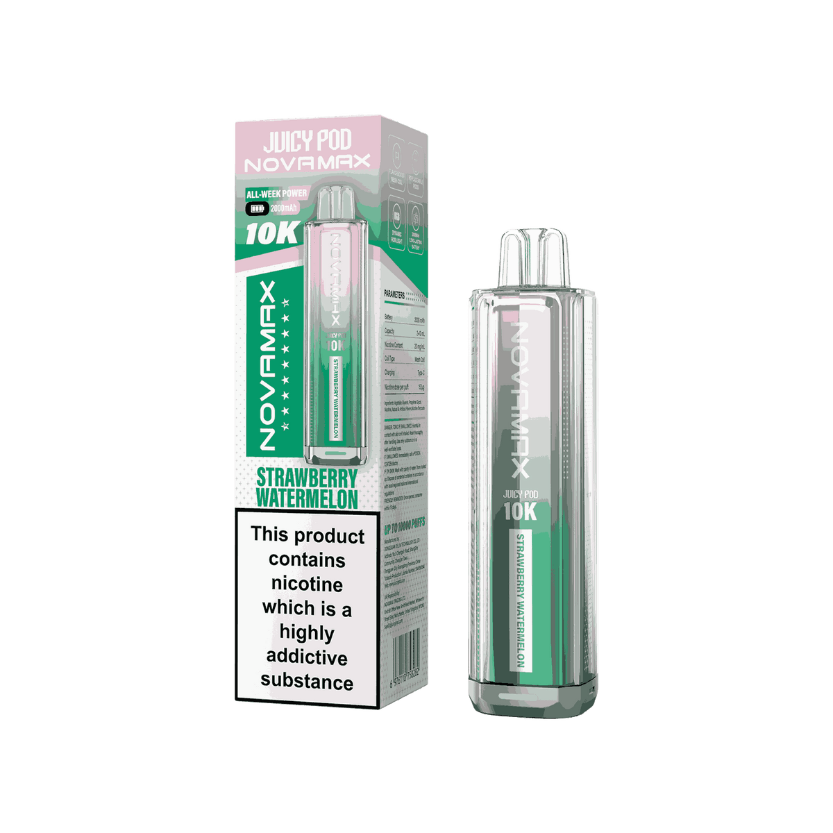 Juicy Pod Novamax 10k Prefilled Pod Vape Kit - Pack of 5 available in Strawberry Watermelon Flavour 