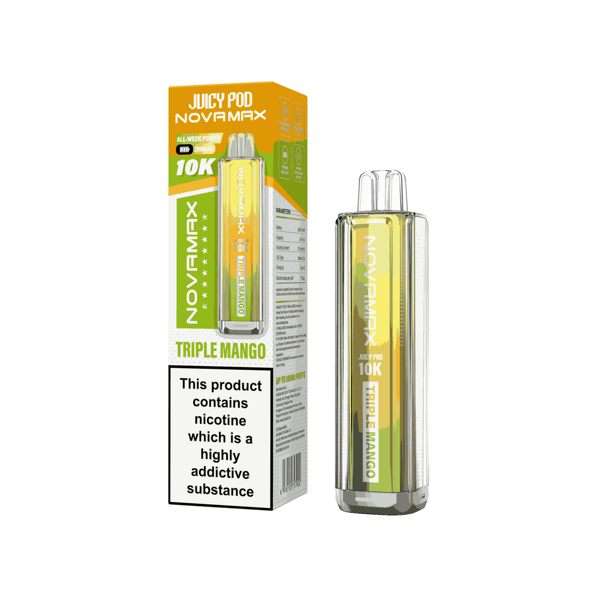 Juicy Pod Novamax 10k Prefilled Pod Vape Kit - Pack of 5 available in Triple Mango Flavour 