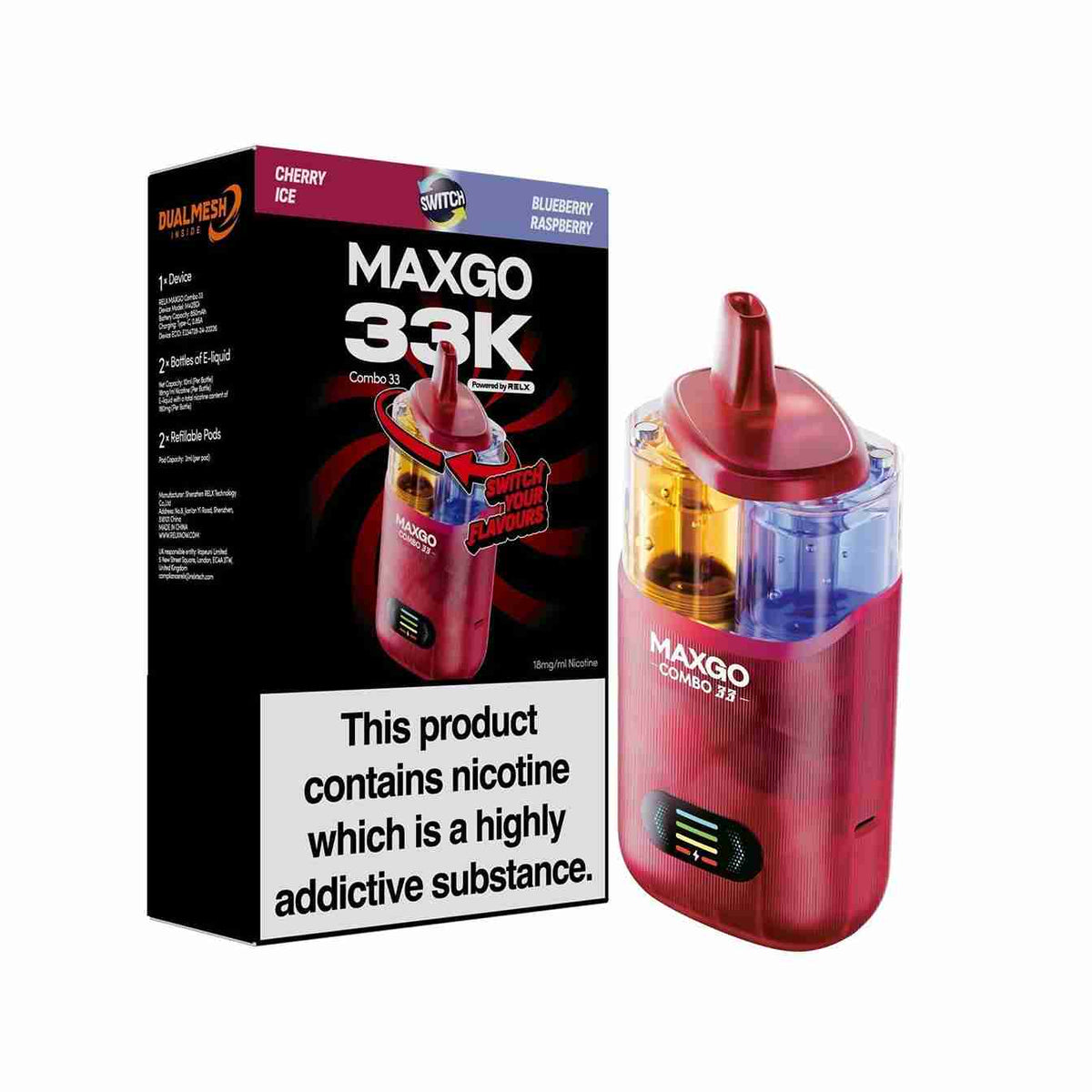 Relx Maxgo Combo 33000 Prefilled Pod Kit - Box of 5 available in Cherry Ice Flavour 