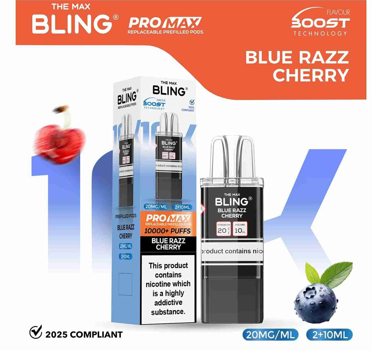 The Bling 10K Pro Max Replacement Prefilled Pods - Box of 5 Available In Blue Razz Cherry Flavour 