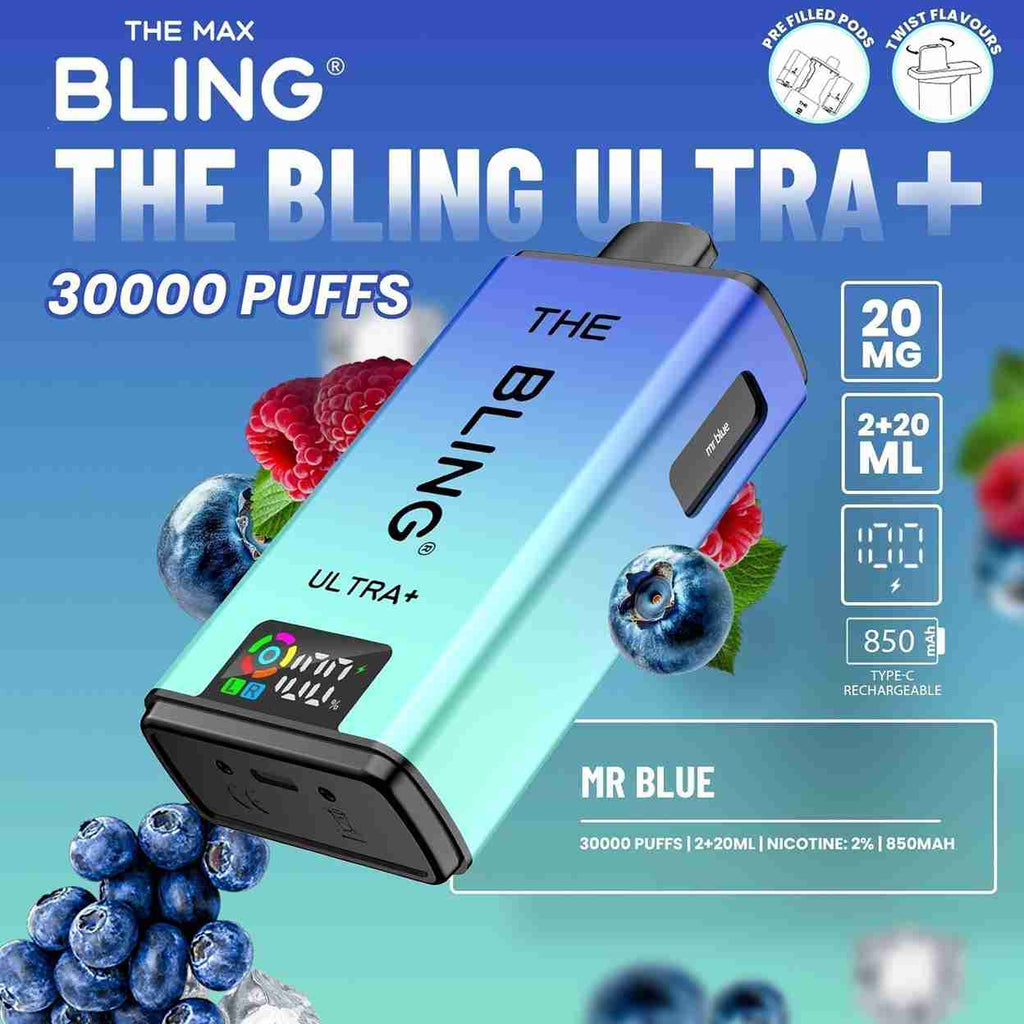 The Bling Ultra Plus 30k Prefilled Vape Pod Kit Box of 5, Mr  Blue Flaour
