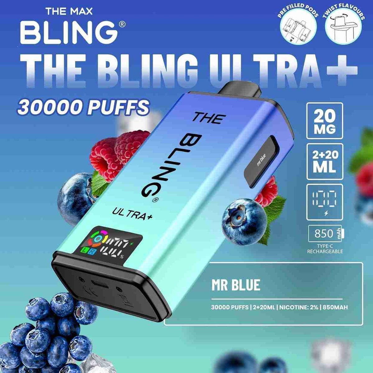 The Bling Ultra Plus 30k Prefilled Vape Pod Kit Box of 5, Mr  Blue Flaour