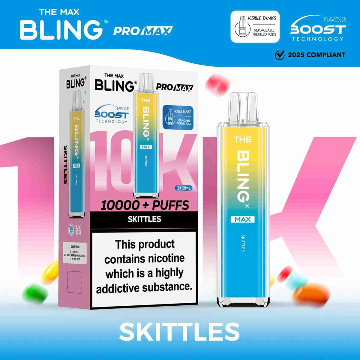Image Of The Crystal Bling Max 10K Prefilled Pod Kit - Box of 5 with Skittles flavour